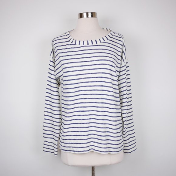 J.CREW Women's S - Blue & beige striped 3/4 sleeve blouse stretch loose fit top - Picture 1 of 10
